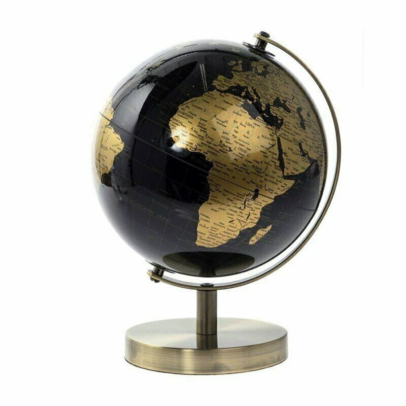 Rotating World Globe with Desktop Stand Black & Gold Revolving Educational Atlas Map