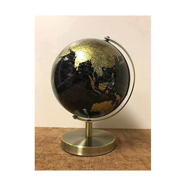 Rotating World Globe with Desktop Stand Black & Gold Revolving Educational Atlas Map