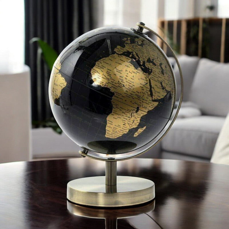 Rotating World Globe with Desktop Stand Black & Gold Revolving Educational Atlas Map