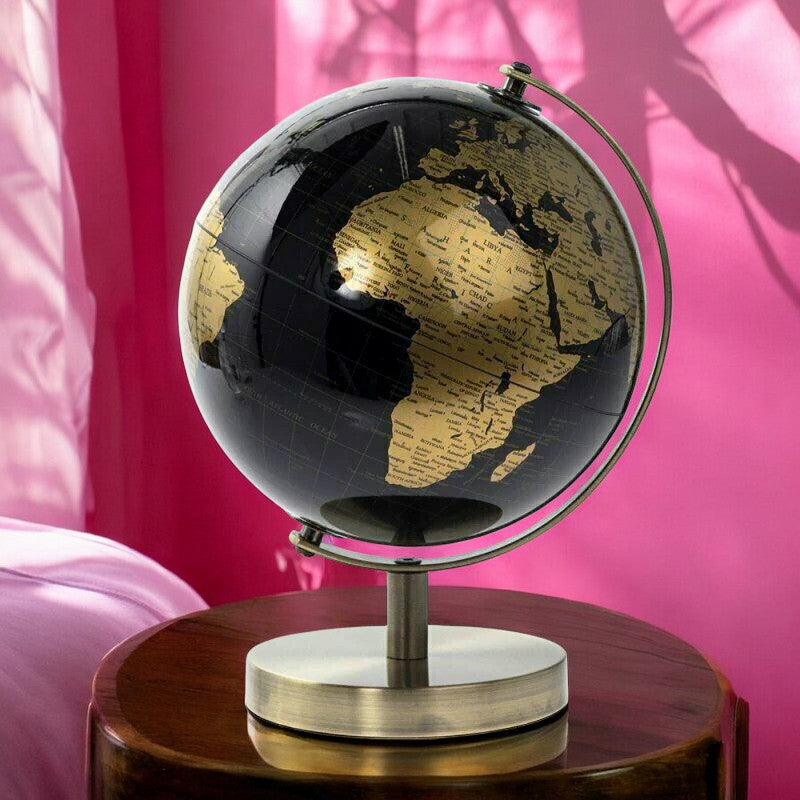 Rotating World Globe with Desktop Stand Black & Gold Revolving Educational Atlas Map