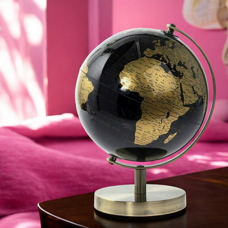 Rotating World Globe with Desktop Stand Black & Gold Revolving Educational Atlas Map