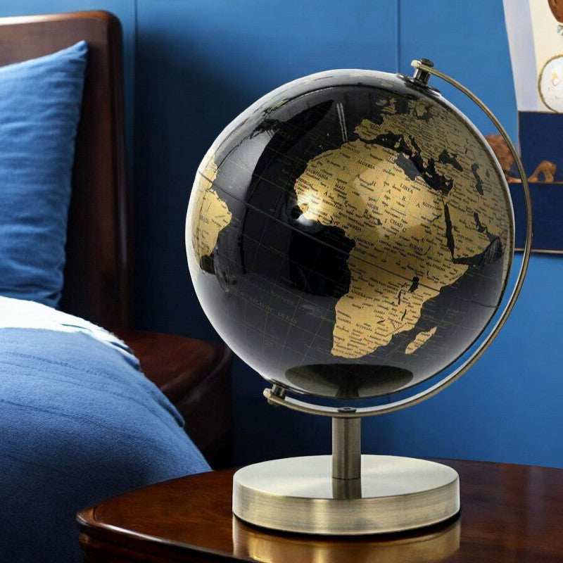 Rotating World Globe with Desktop Stand Black & Gold Revolving Educational Atlas Map