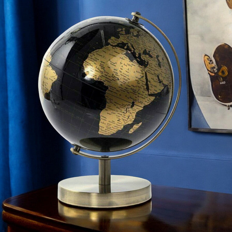 Rotating World Globe with Desktop Stand Black & Gold Revolving Educational Atlas Map