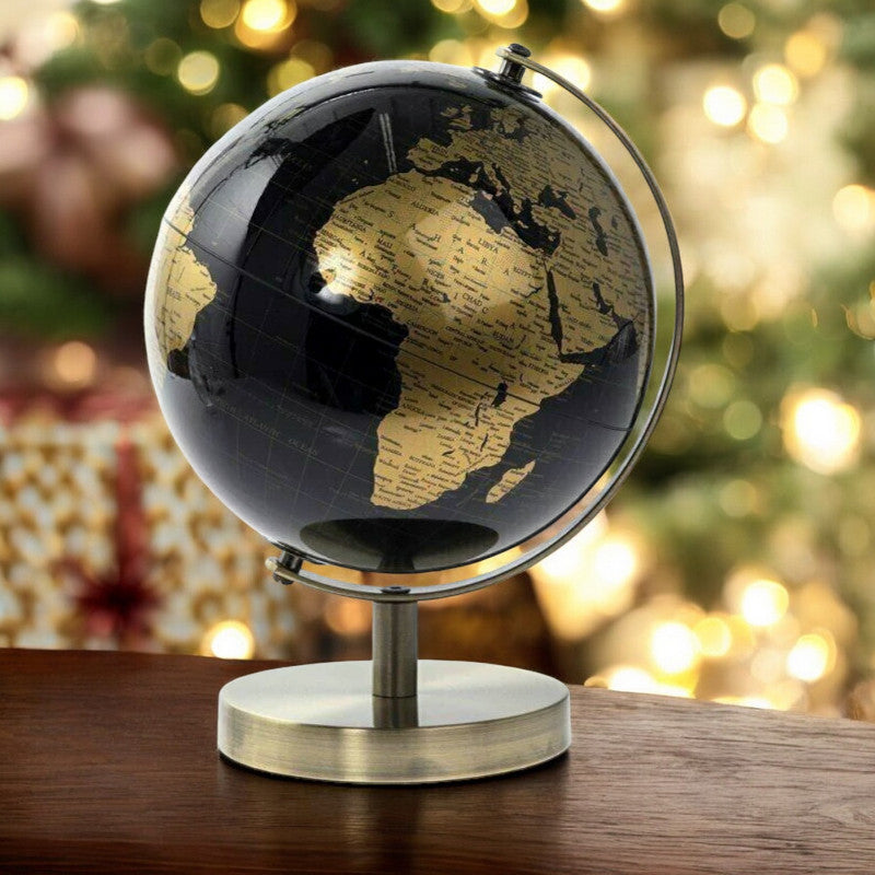 Rotating World Globe with Desktop Stand Black & Gold Revolving Educational Atlas Map