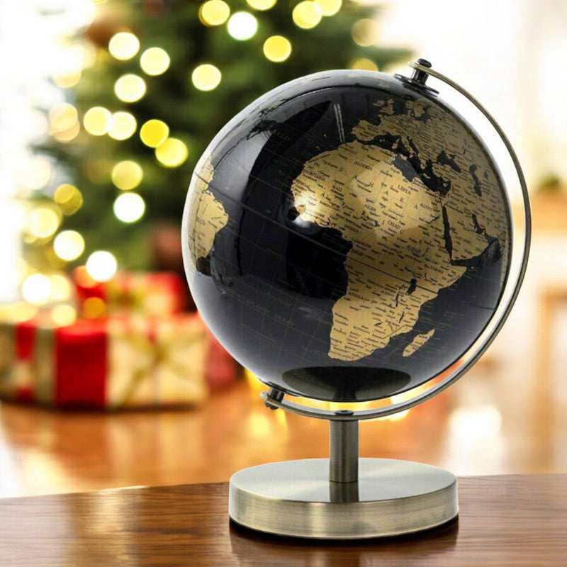 Rotating World Globe with Desktop Stand Black & Gold Revolving Educational Atlas Map