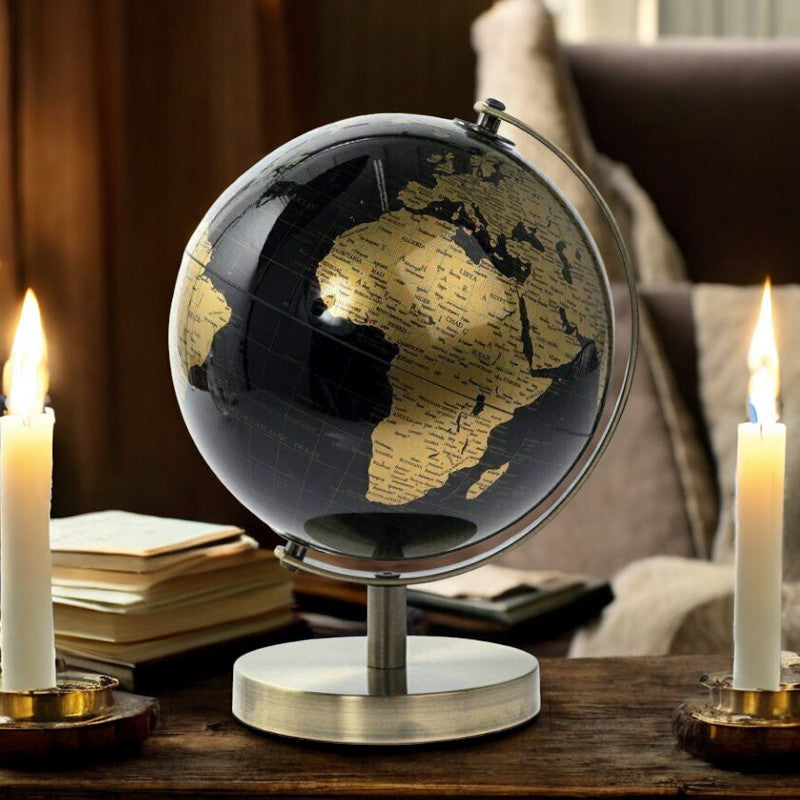 Rotating World Globe with Desktop Stand Black & Gold Revolving Educational Atlas Map