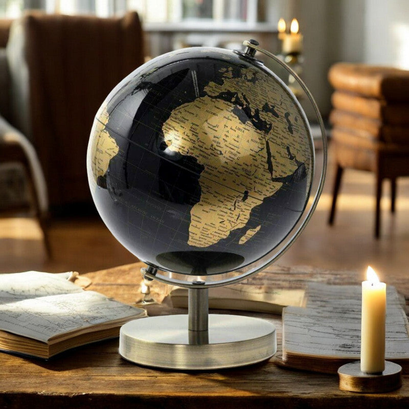 Rotating World Globe with Desktop Stand Black & Gold Revolving Educational Atlas Map