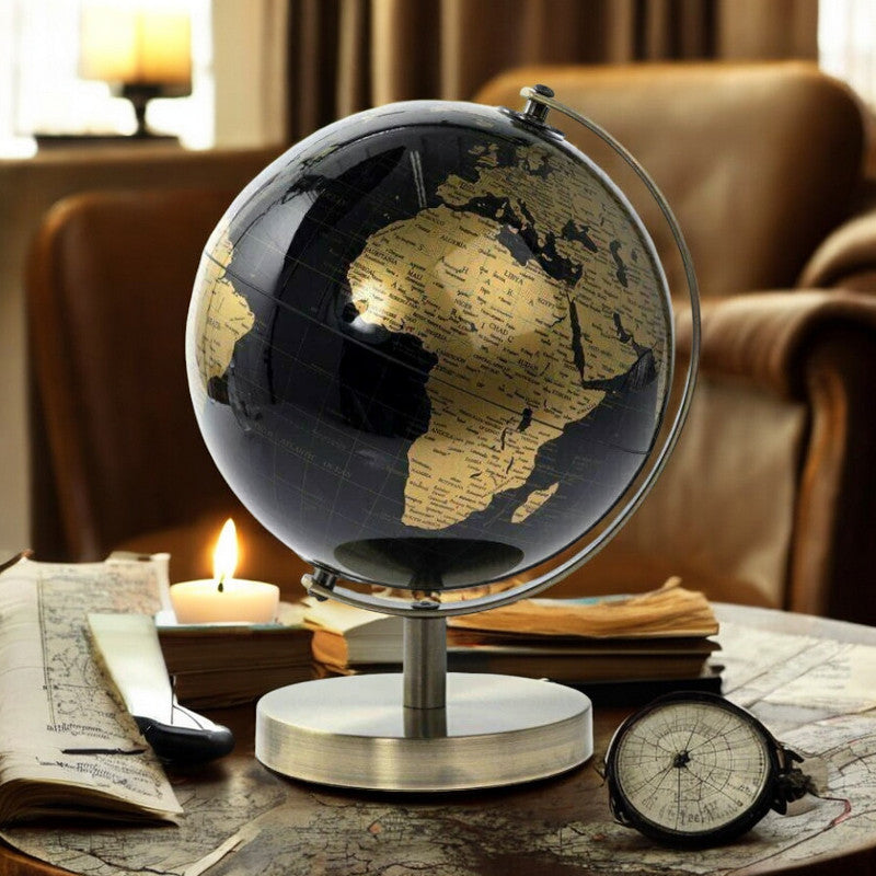 Rotating World Globe with Desktop Stand Black & Gold Revolving Educational Atlas Map