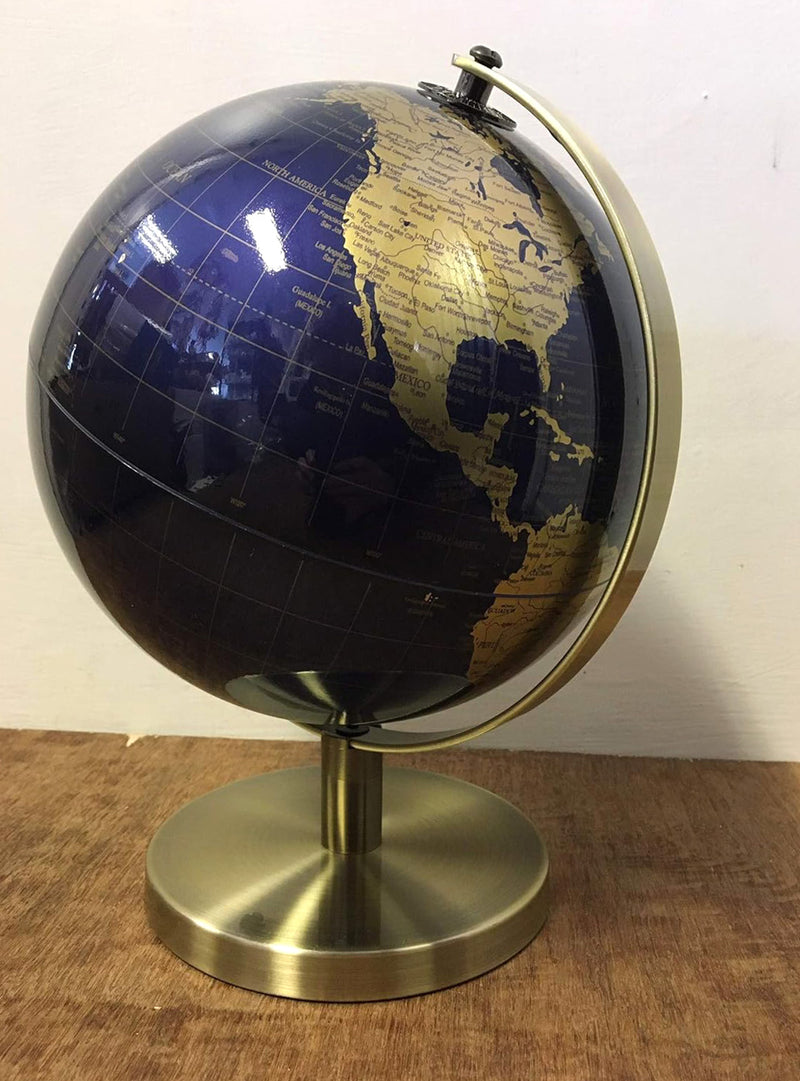 Rotating World Globe with Desktop Stand Blue & Gold Revolving Educational Atlas Map