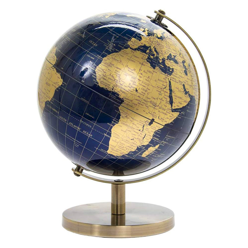 Rotating World Globe with Desktop Stand Blue & Gold Revolving Educational Atlas Map