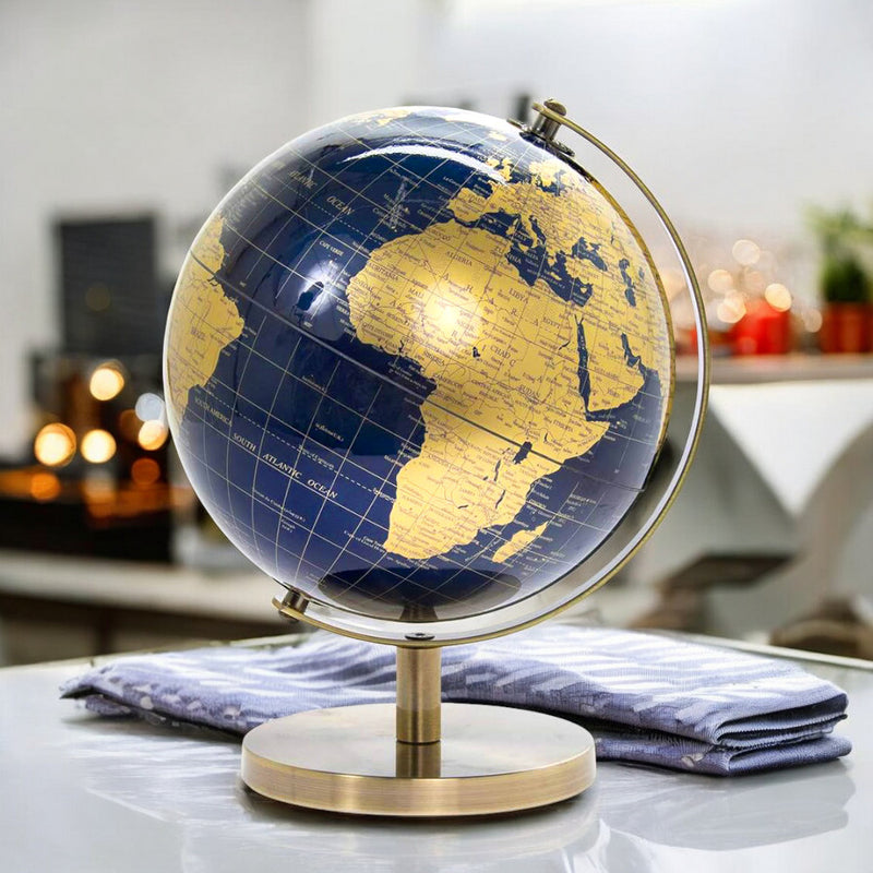 Rotating World Globe with Desktop Stand Blue & Gold Revolving Educational Atlas Map