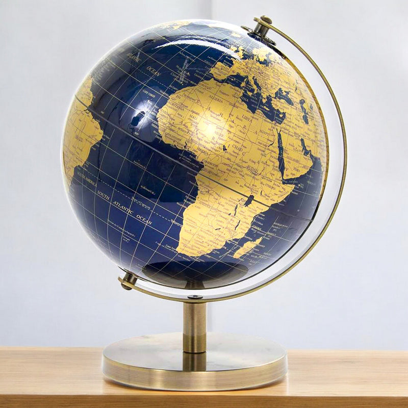 Rotating World Globe with Desktop Stand Blue & Gold Revolving Educational Atlas Map