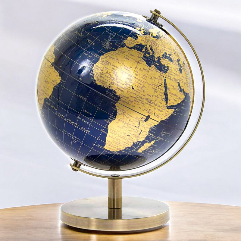 Rotating World Globe with Desktop Stand Blue & Gold Revolving Educational Atlas Map