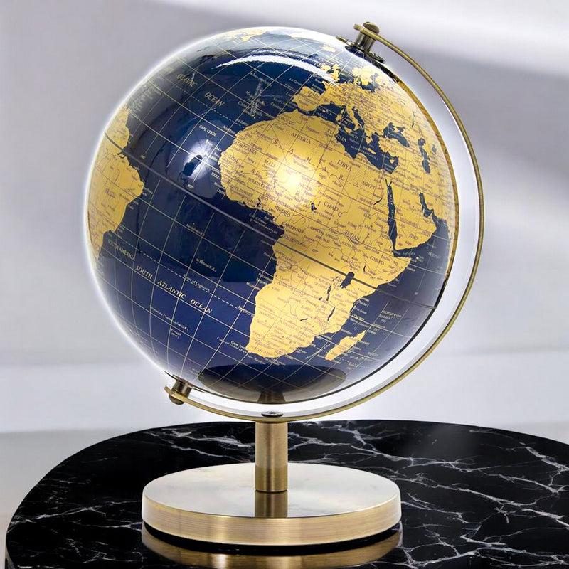 Rotating World Globe with Desktop Stand Blue & Gold Revolving Educational Atlas Map