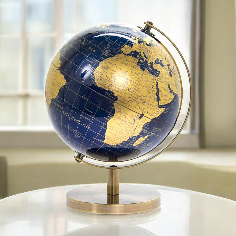 Rotating World Globe with Desktop Stand Blue & Gold Revolving Educational Atlas Map