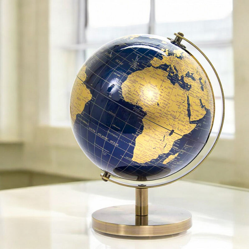 Rotating World Globe with Desktop Stand Blue & Gold Revolving Educational Atlas Map