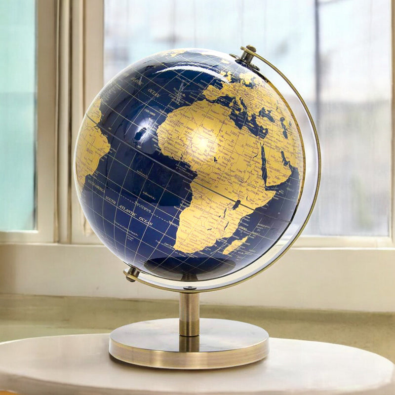 Rotating World Globe with Desktop Stand Blue & Gold Revolving Educational Atlas Map