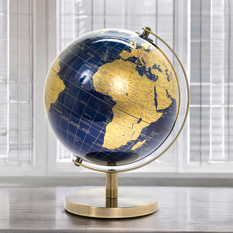 Rotating World Globe with Desktop Stand Blue & Gold Revolving Educational Atlas Map