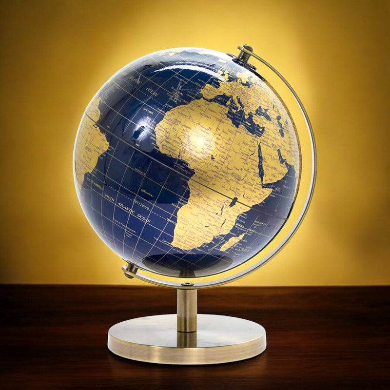 Rotating World Globe with Desktop Stand Blue & Gold Revolving Educational Atlas Map