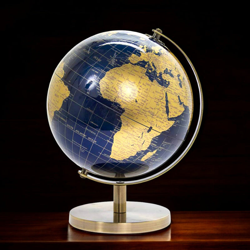 Rotating World Globe with Desktop Stand Blue & Gold Revolving Educational Atlas Map