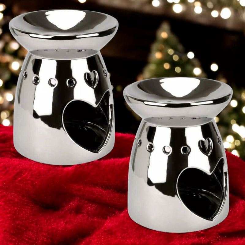 Tea Light Wax Melt Warmer Oil Burner - 2 PACK - Silver Heart