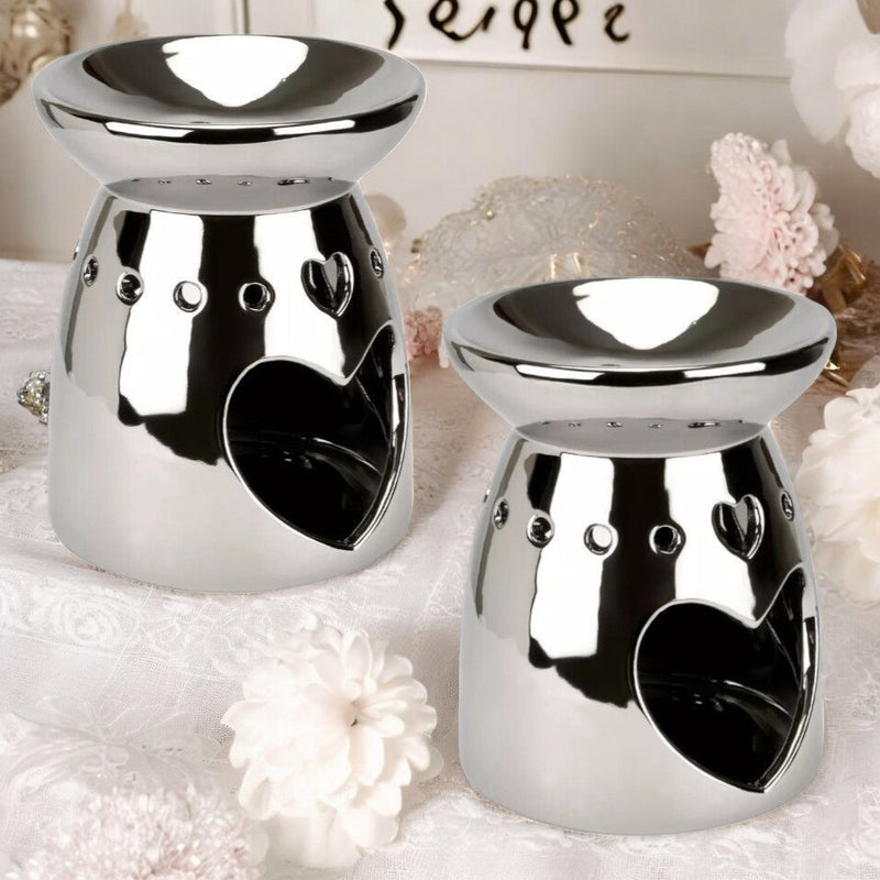 Tea Light Wax Melt Warmer Oil Burner - 2 PACK - Silver Heart