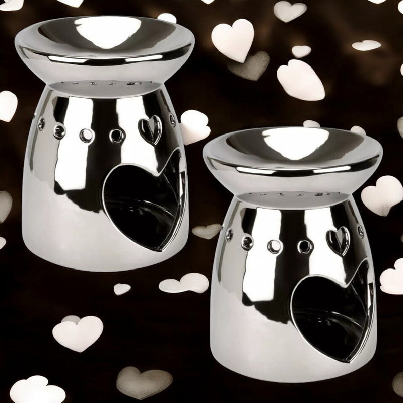 Tea Light Wax Melt Warmer Oil Burner - 2 PACK - Silver Heart