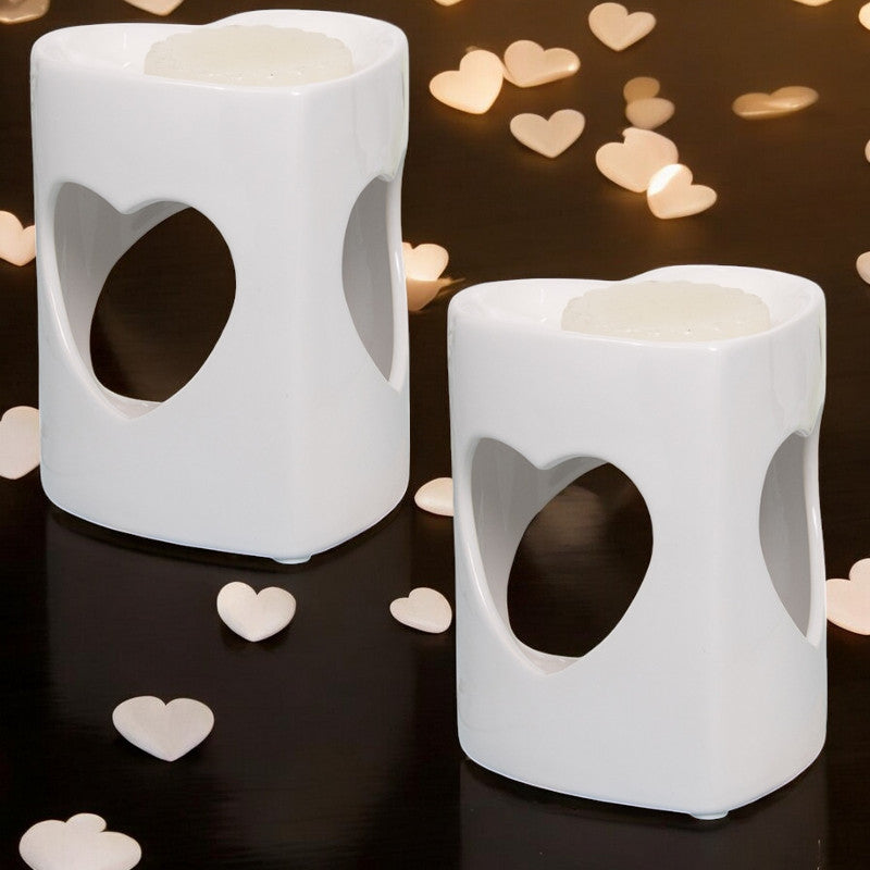 Wax Melt Burner Oil Warmer - White Heart - Aroma Ceramic Tea Light - Set Of 2