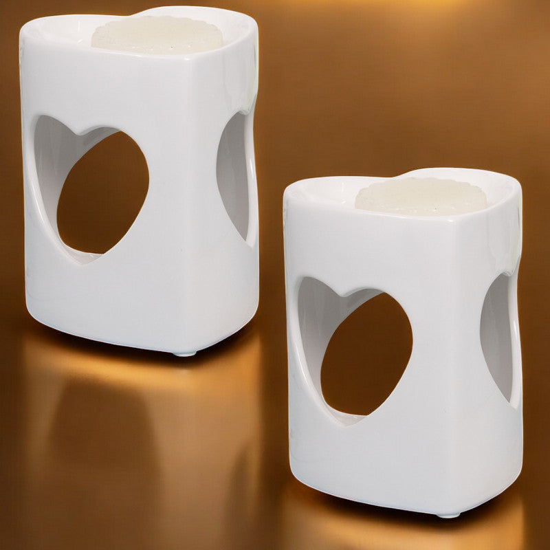 Wax Melt Burner Oil Warmer - White Heart - Aroma Ceramic Tea Light - Set Of 2