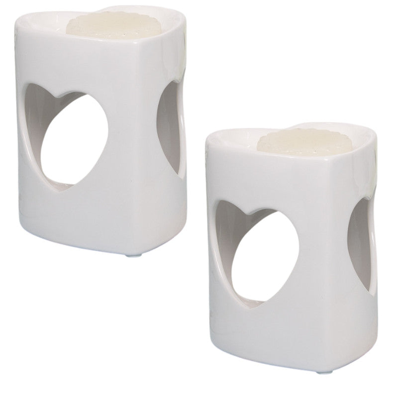 Wax Melt Burner Oil Warmer - White Heart - Aroma Ceramic Tea Light - Set Of 2