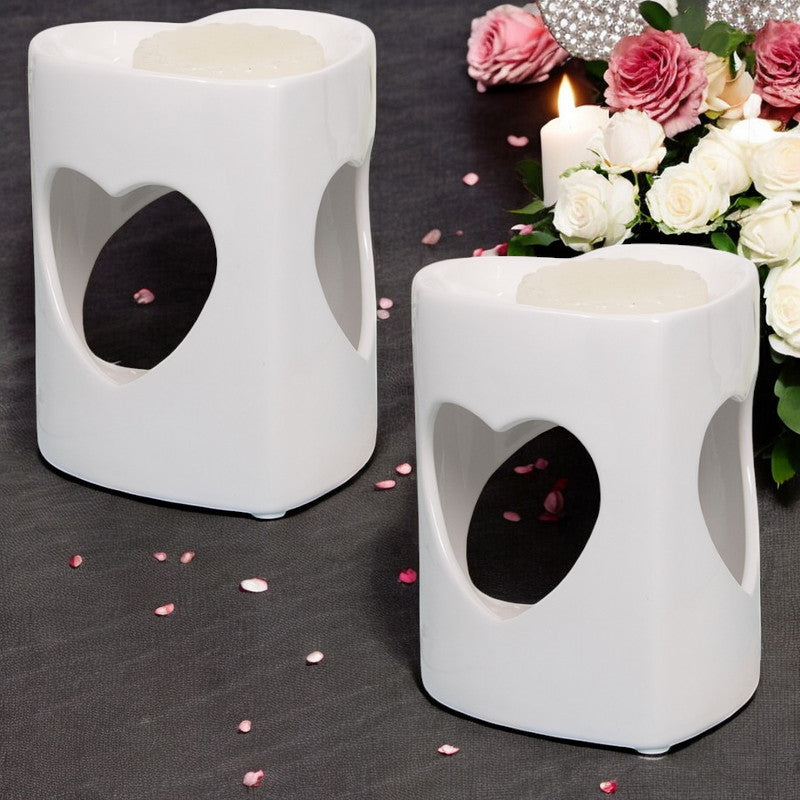 Wax Melt Burner Oil Warmer - White Heart - Aroma Ceramic Tea Light - Set Of 2