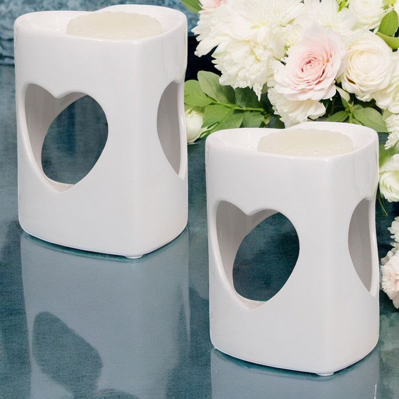 Wax Melt Burner Oil Warmer - White Heart - Aroma Ceramic Tea Light - Set Of 2