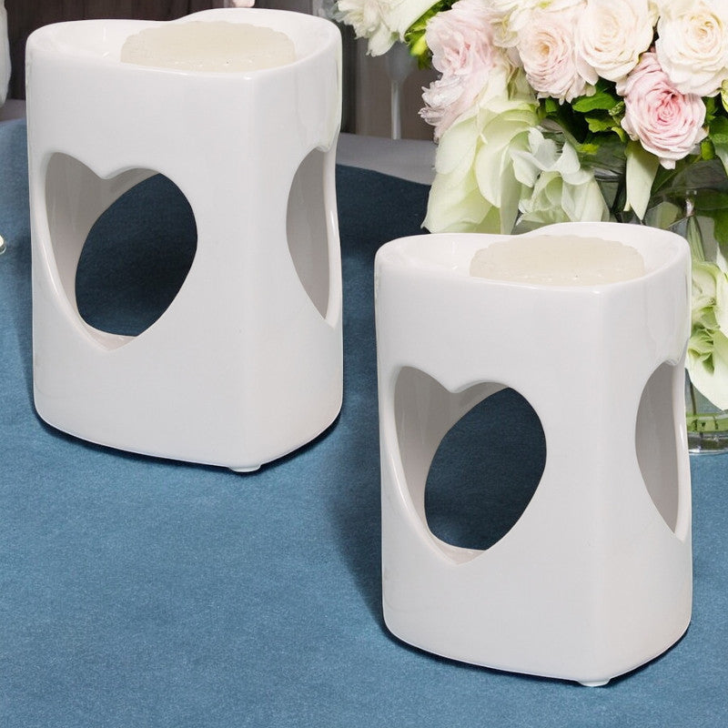 Wax Melt Burner Oil Warmer - White Heart - Aroma Ceramic Tea Light - Set Of 2