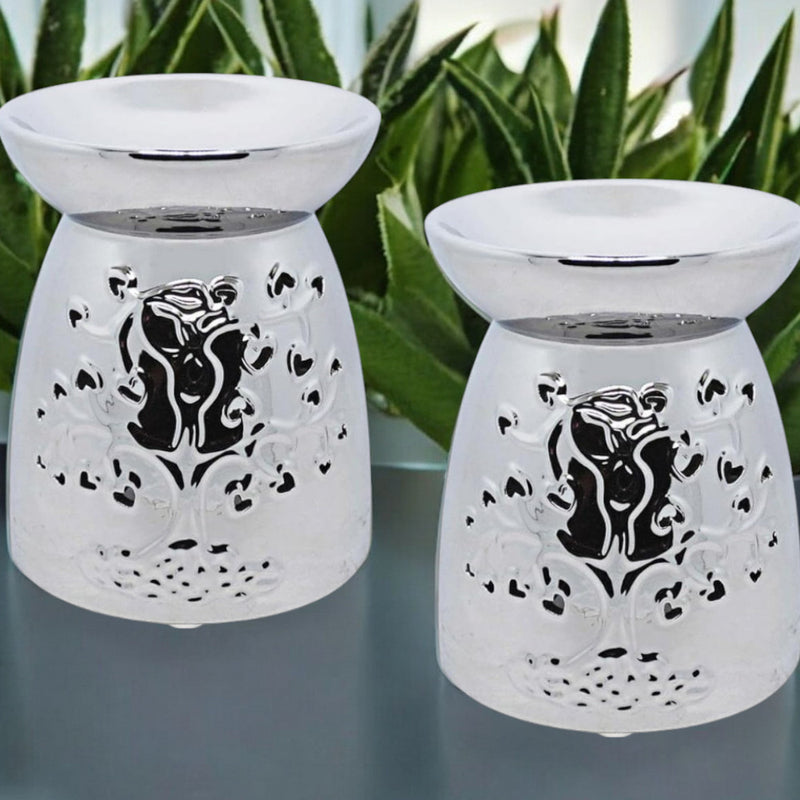 Tea Light Wax Melt Warmer Oil Burner - Tree Of Life - Silver - 2 PACK