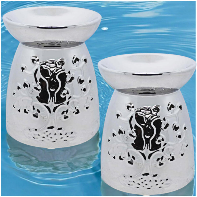 Tea Light Wax Melt Warmer Oil Burner - Tree Of Life - Silver - 2 PACK