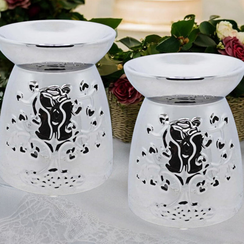 Tea Light Wax Melt Warmer Oil Burner - Tree Of Life - Silver - 2 PACK