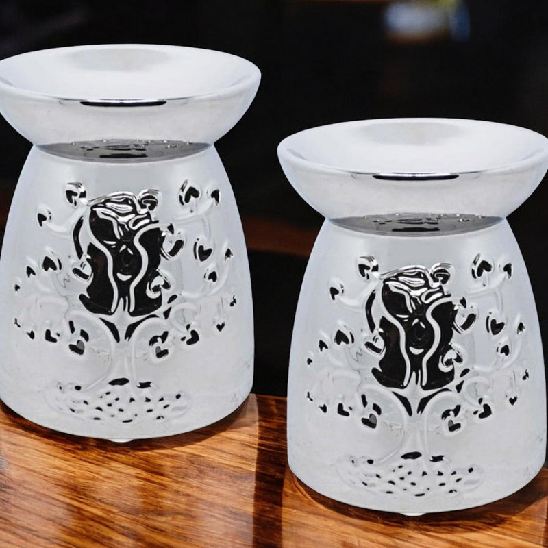 Tea Light Wax Melt Warmer Oil Burner - Tree Of Life - Silver - 2 PACK