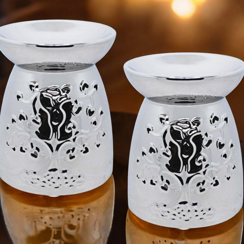 Tea Light Wax Melt Warmer Oil Burner - Tree Of Life - Silver - 2 PACK