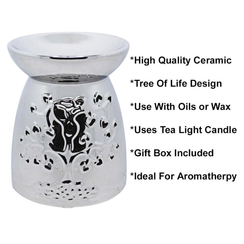 Tea Light Wax Melt Warmer Oil Burner - Tree Of Life - Silver - 2 PACK