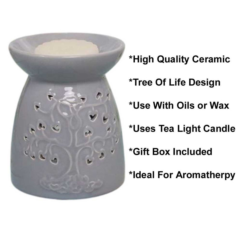 Tea Light Wax Melt Warmer Oil Burner - Tree Of Life - Grey - 2 PACK