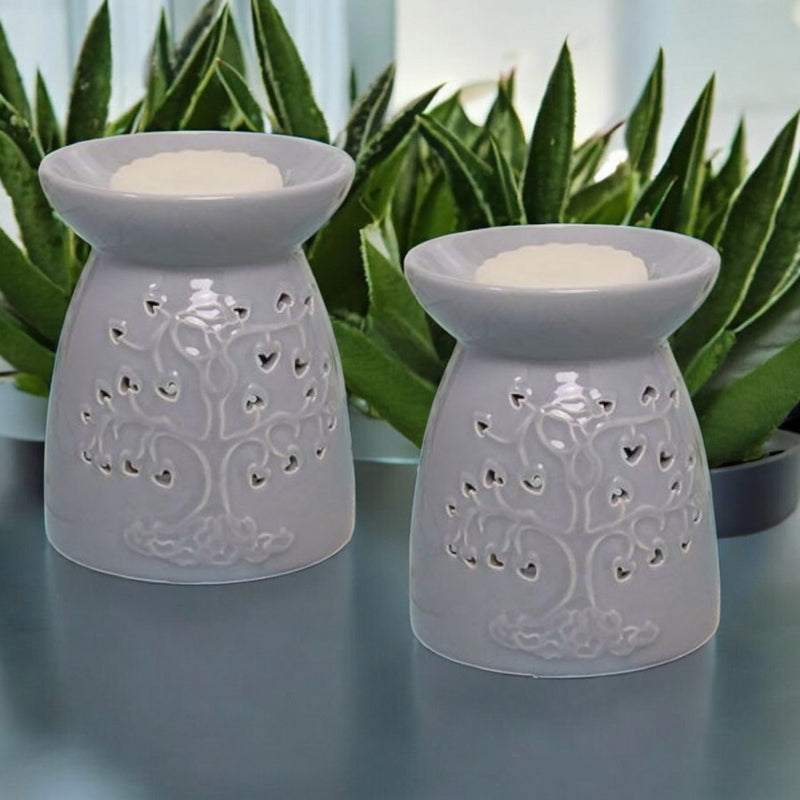 Tea Light Wax Melt Warmer Oil Burner - Tree Of Life - Grey - 2 PACK