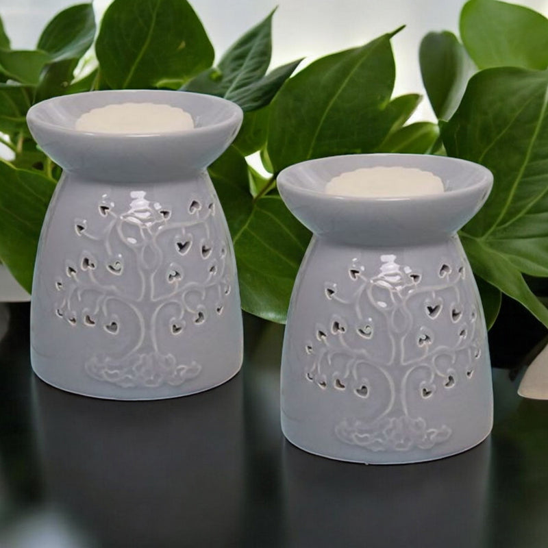 Tea Light Wax Melt Warmer Oil Burner - Tree Of Life - Grey - 2 PACK