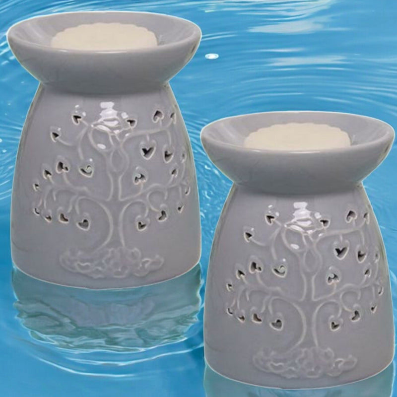 Tea Light Wax Melt Warmer Oil Burner - Tree Of Life - Grey - 2 PACK