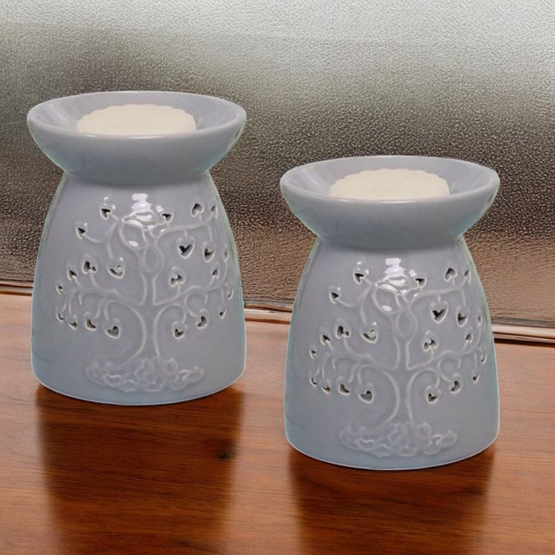 Tea Light Wax Melt Warmer Oil Burner - Tree Of Life - Grey - 2 PACK