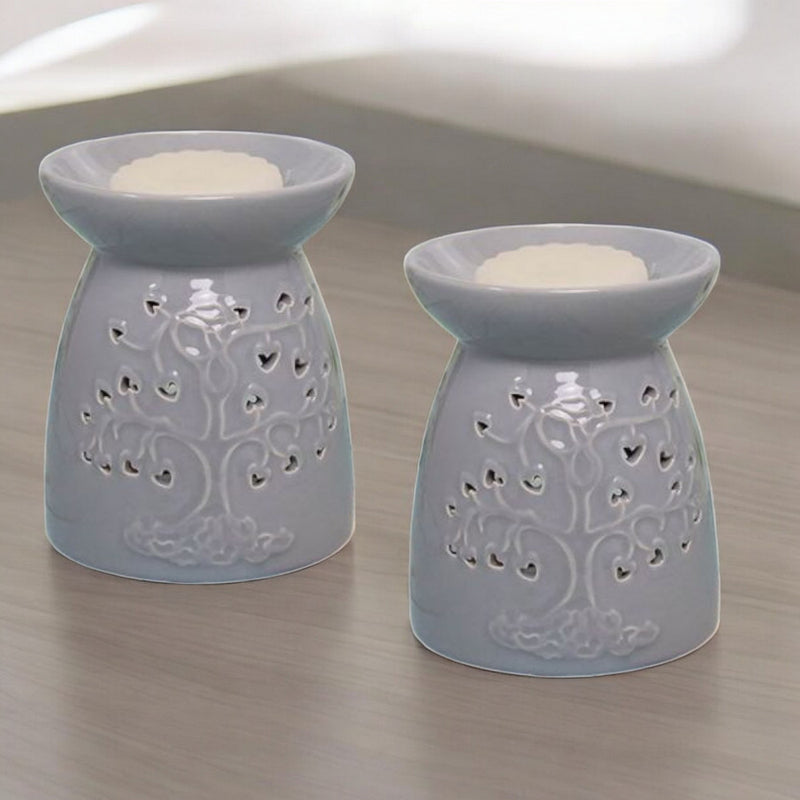 Tea Light Wax Melt Warmer Oil Burner - Tree Of Life - Grey - 2 PACK