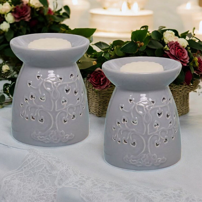 Tea Light Wax Melt Warmer Oil Burner - Tree Of Life - Grey - 2 PACK