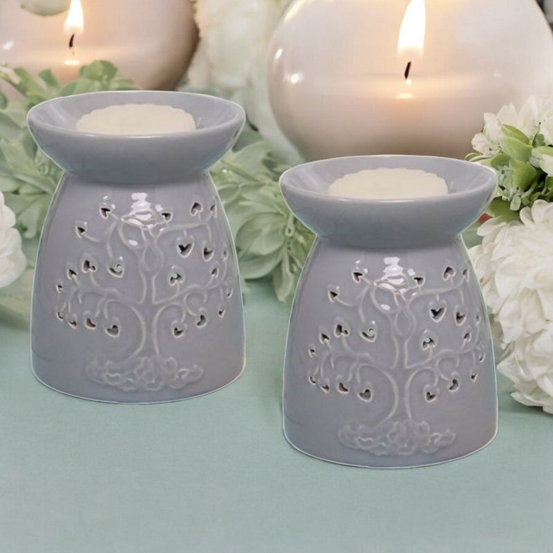 Tea Light Wax Melt Warmer Oil Burner - Tree Of Life - Grey - 2 PACK