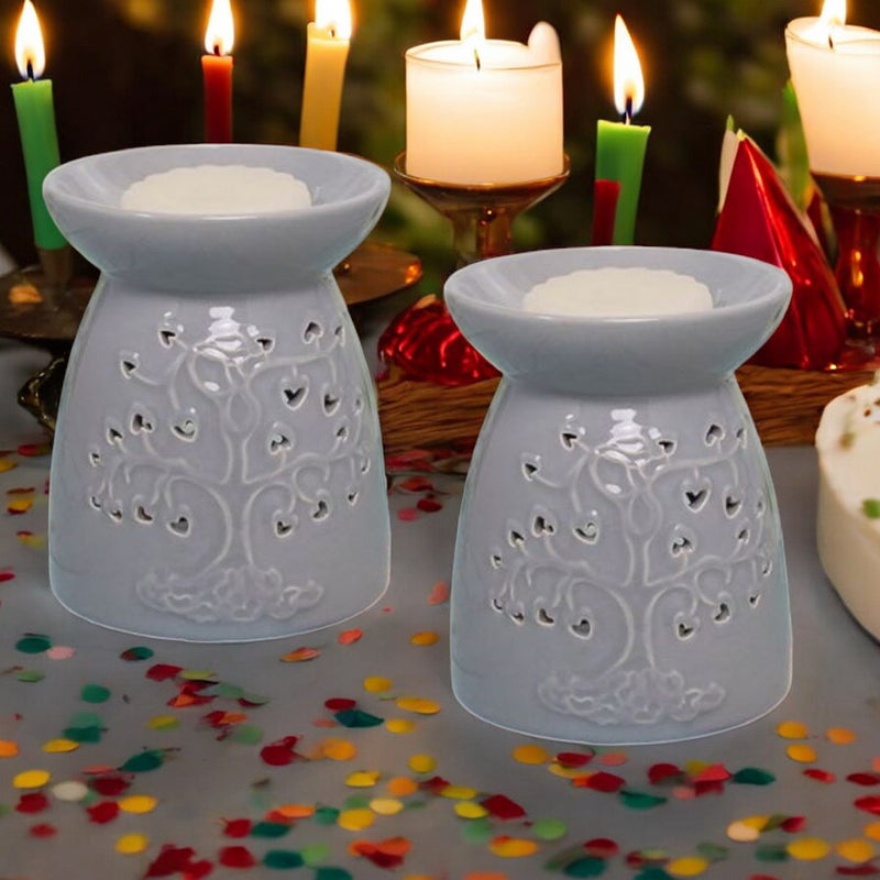 Tea Light Wax Melt Warmer Oil Burner - Tree Of Life - Grey - 2 PACK