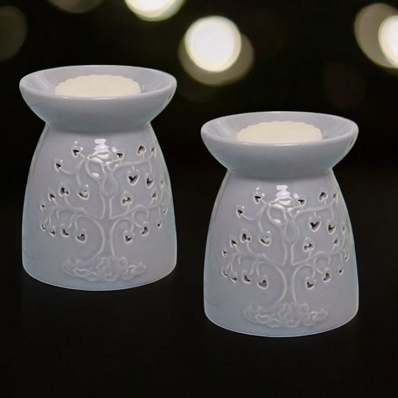 Tea Light Wax Melt Warmer Oil Burner - Tree Of Life - Grey - 2 PACK