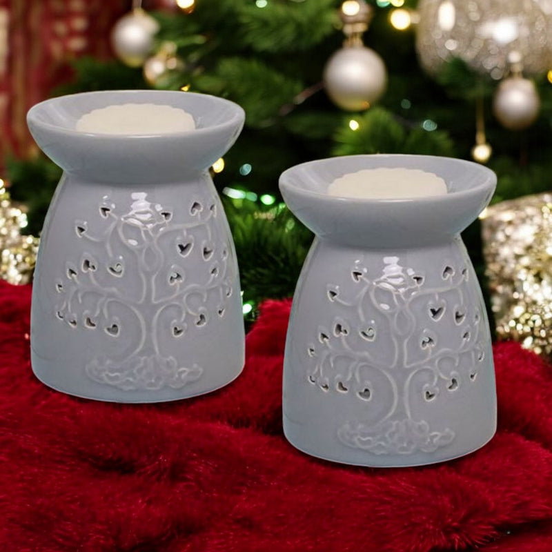 Tea Light Wax Melt Warmer Oil Burner - Tree Of Life - Grey - 2 PACK